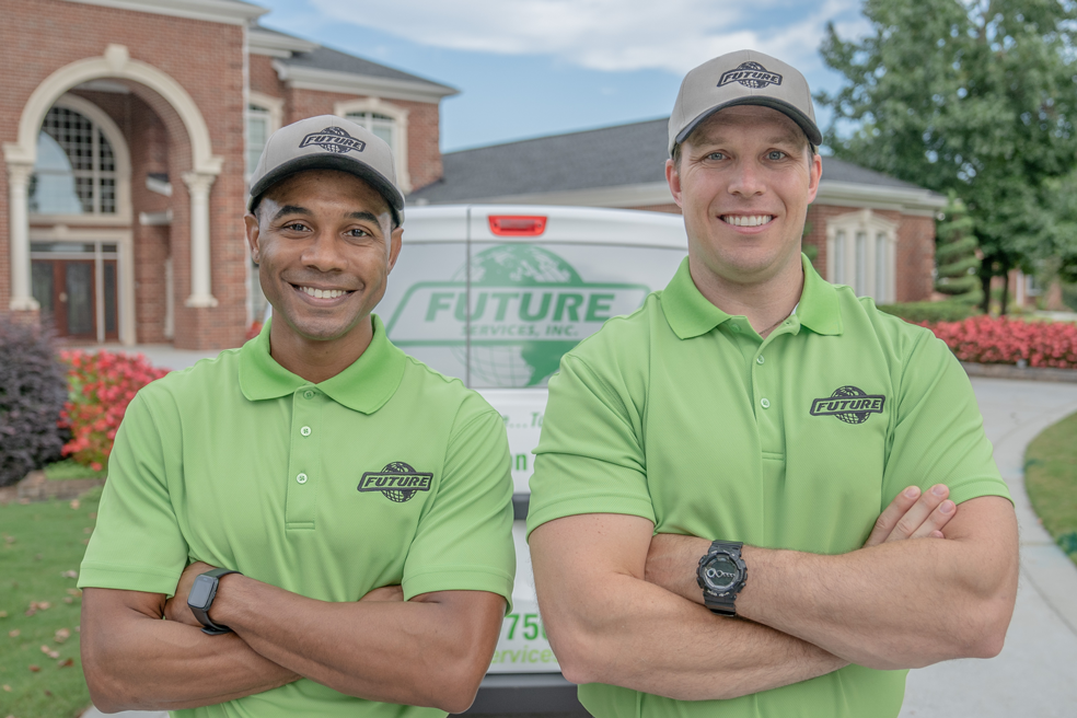 Pest Technicians Smiling in Front of a Home
